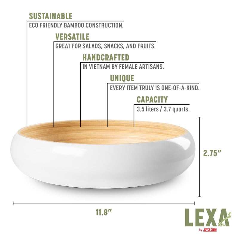 LEXA 12" Handmade White Bamboo Wooden Fruit Bowl for Kitchen Counter - 130 oz Lightweight Large Bamboo Wood Salad Bowl - Image 2