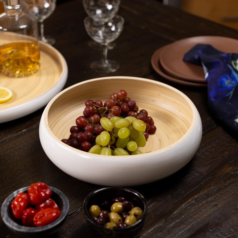 LEXA 12" Handmade White Bamboo Wooden Fruit Bowl for Kitchen Counter - 130 oz Lightweight Large Bamboo Wood Salad Bowl - Image 4