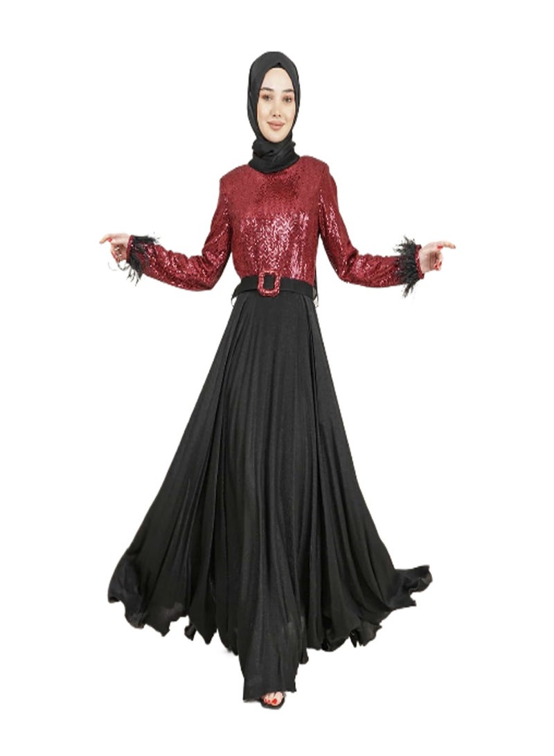 Lamora Women's Long Dress with Sleeves Tassel Sequined and Belt Evening Dress for Special Occasions Burgundy - Image 1