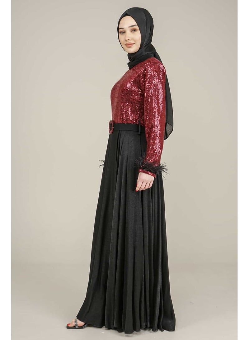 Lamora Women's Long Dress with Sleeves Tassel Sequined and Belt Evening Dress for Special Occasions Burgundy - Image 2