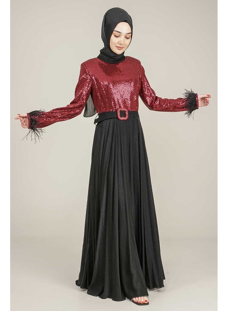 Lamora Women's Long Dress with Sleeves Tassel Sequined and Belt Evening Dress for Special Occasions Burgundy - Image 3