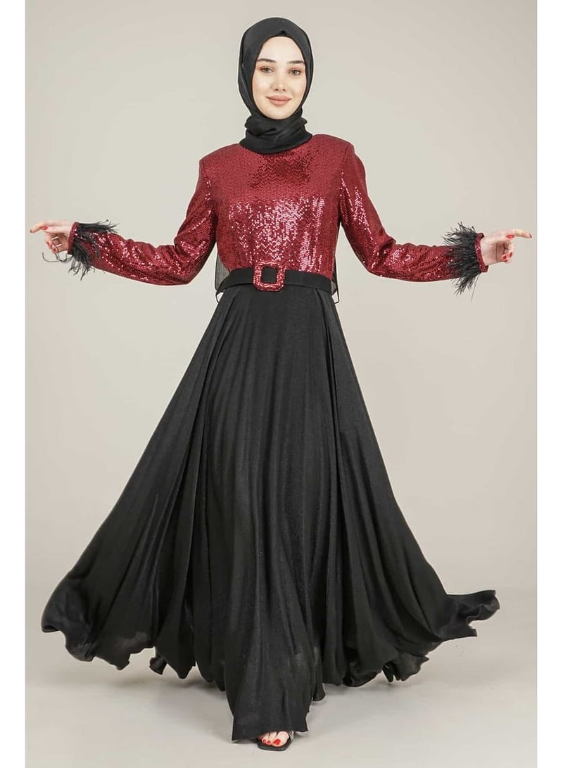 Lamora Women's Long Dress with Sleeves Tassel Sequined and Belt Evening Dress for Special Occasions Burgundy - Image 4