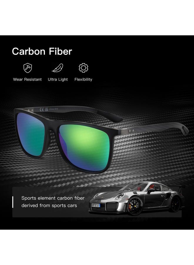 ZENOTTIC Square Polarized Sunglasses for Men Ultralight Carbon Fiber Sun Glasses Driving Fishing Golf Sports UV400 Protection, C15 Black Frame Green Mirrored Lens, Large - Image 2