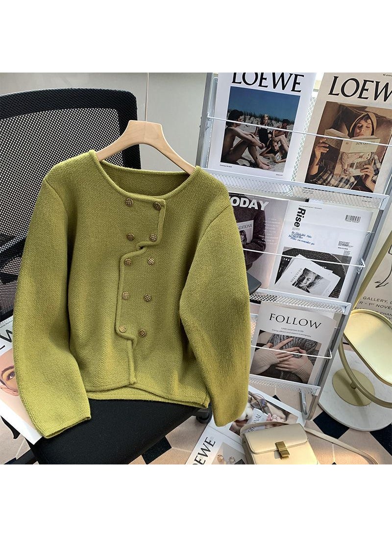 Generic - Irregular Design Double Row Buckle Red Wool Coat Women Small Size Loose Knitted Shirt Top Urban Style Long Sleeve Green [thick version] - Image 1