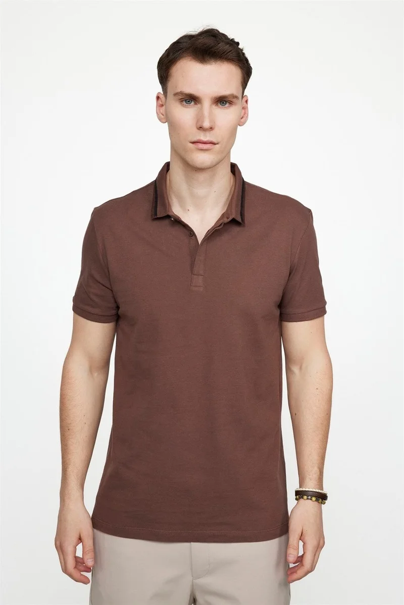 Tudors Men's Slim Fit Narrow Cut 100% Cotton Hidden Button Brown Polo Collar T-Shirt