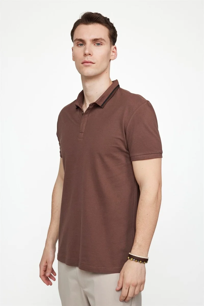 Tudors Men's Slim Fit Narrow Cut 100% Cotton Hidden Button Brown Polo Collar T-Shirt