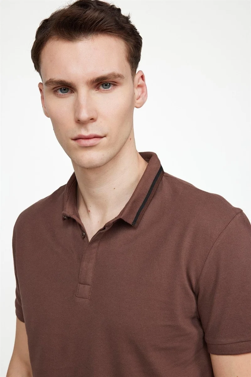 Tudors Men's Slim Fit Narrow Cut 100% Cotton Hidden Button Brown Polo Collar T-Shirt