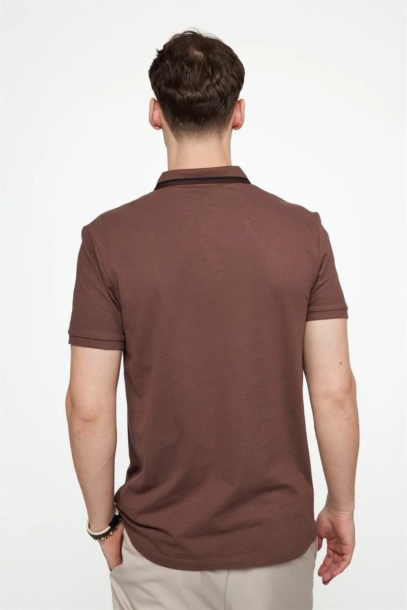 Tudors Men's Slim Fit Narrow Cut 100% Cotton Hidden Button Brown Polo Collar T-Shirt