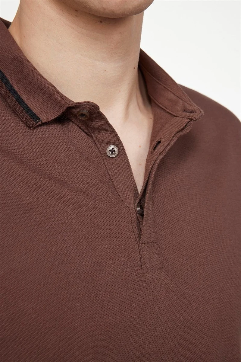 Tudors Men's Slim Fit Narrow Cut 100% Cotton Hidden Button Brown Polo Collar T-Shirt