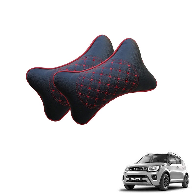 Adroitz Faux Leather Car Neck Rest Pillow/Cushion Set of Pillows Compatible with Maruti Suzuki IGNIS (Black, with Red Embroidery) -2 Pieces
