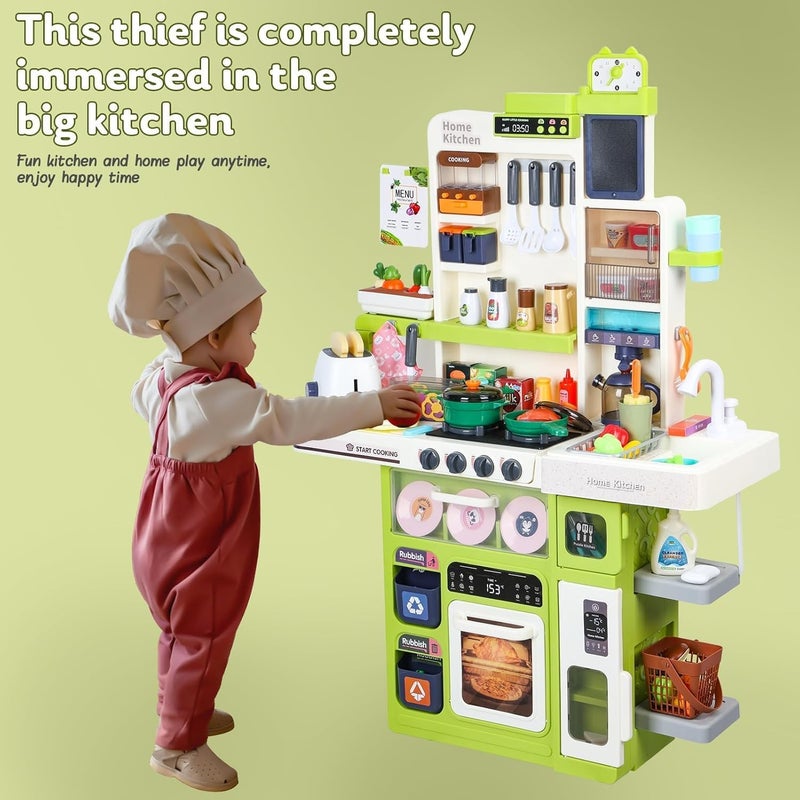 AccLoo Kids Kitchen Playset 101PCS, Pretend Play Kitchen with Sounds and Lights, Cooking Stove Steam, Play Sink and Food, Toy Kitchen Set for Kids ages 3-8, Green - Image 5