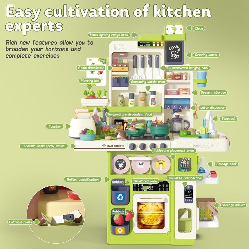 AccLoo Kids Kitchen Playset 101PCS, Pretend Play Kitchen with Sounds and Lights, Cooking Stove Steam, Play Sink and Food, Toy Kitchen Set for Kids ages 3-8, Green - Image 3