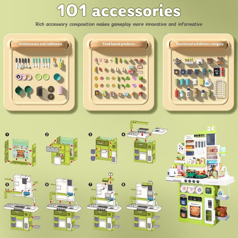 AccLoo Kids Kitchen Playset 101PCS, Pretend Play Kitchen with Sounds and Lights, Cooking Stove Steam, Play Sink and Food, Toy Kitchen Set for Kids ages 3-8, Green - Image 4