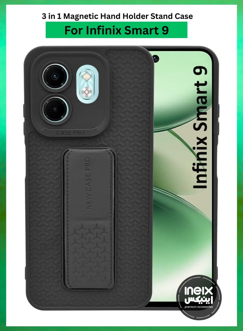 Semi Soft Silicone Magnetic Back Stand Case With Foldable Kickstand & Finger Strap For Infinix Smart 9  - Black