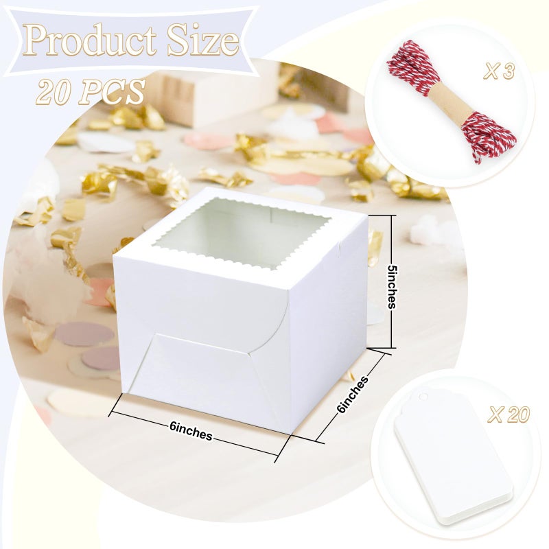 DOYIDE 20Pcs Mini Cake Boxes with Window, 6x6x5 Inches White Bakery Boxes, Small 4 Cupcake Boxes, Cake Packaging for Pastries, Cookies, Chocolates, Cupcakes, Birthday Party, Wedding - Image 4