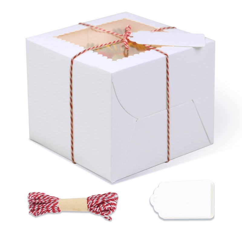 DOYIDE 20Pcs Mini Cake Boxes with Window, 6x6x5 Inches White Bakery Boxes, Small 4 Cupcake Boxes, Cake Packaging for Pastries, Cookies, Chocolates, Cupcakes, Birthday Party, Wedding - Image 1