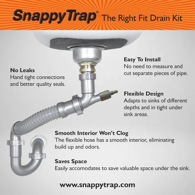 Coflex Snappy Trap Single Kitchen Sink Drain Kit, 1-1/2" with Flexible P-Trap, All-in-One Drain Kit for Single Bowl Kitchen Sinks, Universal Compatibility, No-Tool Easy Installation (DK-100 Silver) - Image 2