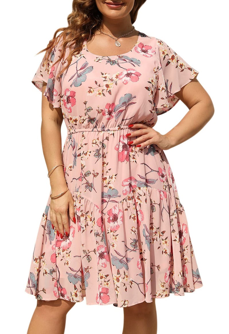 Nemidor Plus Size Summer Dresses for Curvy Women Casual Boho Midi Chiffon Print Floral Dress with Ruffle Sleeve 142629716Pink Print