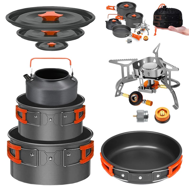 Smokey Camp 10 Pcs Smokey Camp Backpacking Cooking Set with Stove Adapter 2 Pots Large Medium 1 Kettle 1 Large Pan 1 Stove 2 Adpater Compact NonStick Camping Cookware Mess Kit All in One with Kettle - Image 2