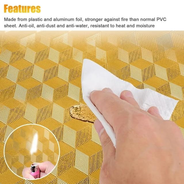 SUNBIRD Self Adhesive Oil-Proof Foil Wall Sticker,Aluminum Wallpaper Waterproof and Heat Resistant Kitchen Backsplash Contact Paper (3D Gold, 30 x 121 cm) - Image 3