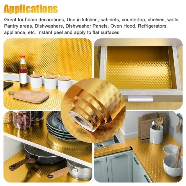 SUNBIRD Self Adhesive Oil-Proof Foil Wall Sticker,Aluminum Wallpaper Waterproof and Heat Resistant Kitchen Backsplash Contact Paper (3D Gold, 30 x 121 cm) - Image 4
