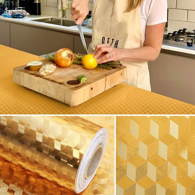SUNBIRD Self Adhesive Oil-Proof Foil Wall Sticker,Aluminum Wallpaper Waterproof and Heat Resistant Kitchen Backsplash Contact Paper (3D Gold, 30 x 121 cm) - Image 2