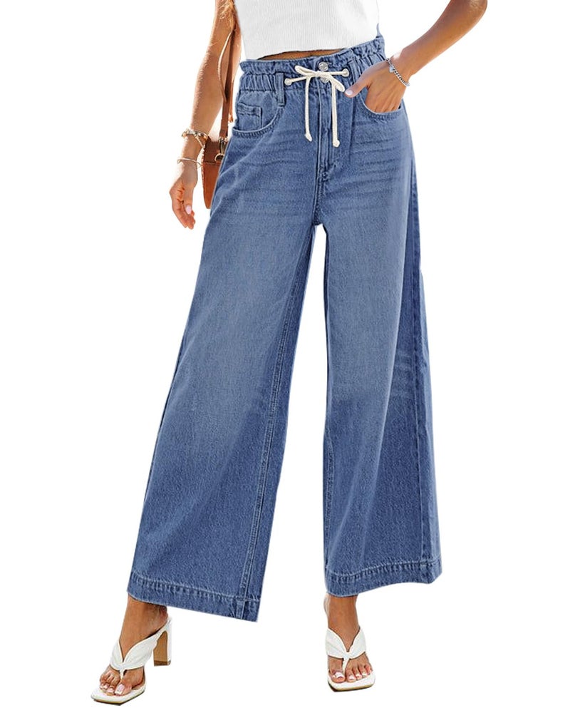 GRAPENT Women's Baggy High Waisted Women Baggy Jeans Wide Leg Jeans for Women High Waist Womens Drawstring Denim Jean Pants Color Classic Blue XX-Large Size 20 Size 22 - Image 1