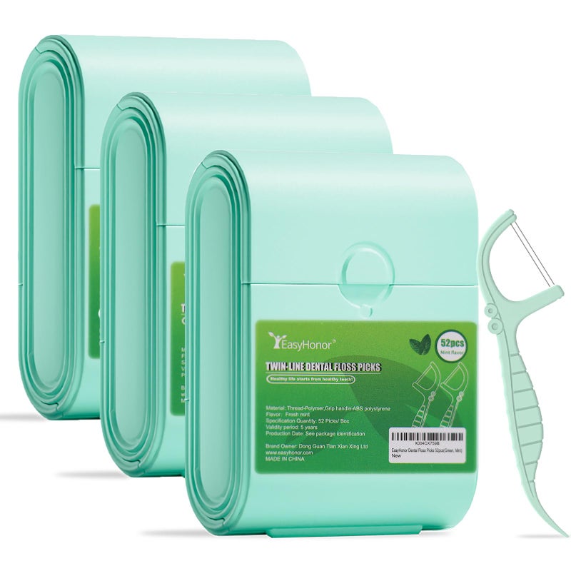 EasyHonor Dental Floss Picks,Twin-Line Mint Flavor Dental Flossers, Dual Action Flossing System, Easy Carry and Pick, 156 Count Floss Sticks in 3 Portable case.(Green, Mint) - Image 1