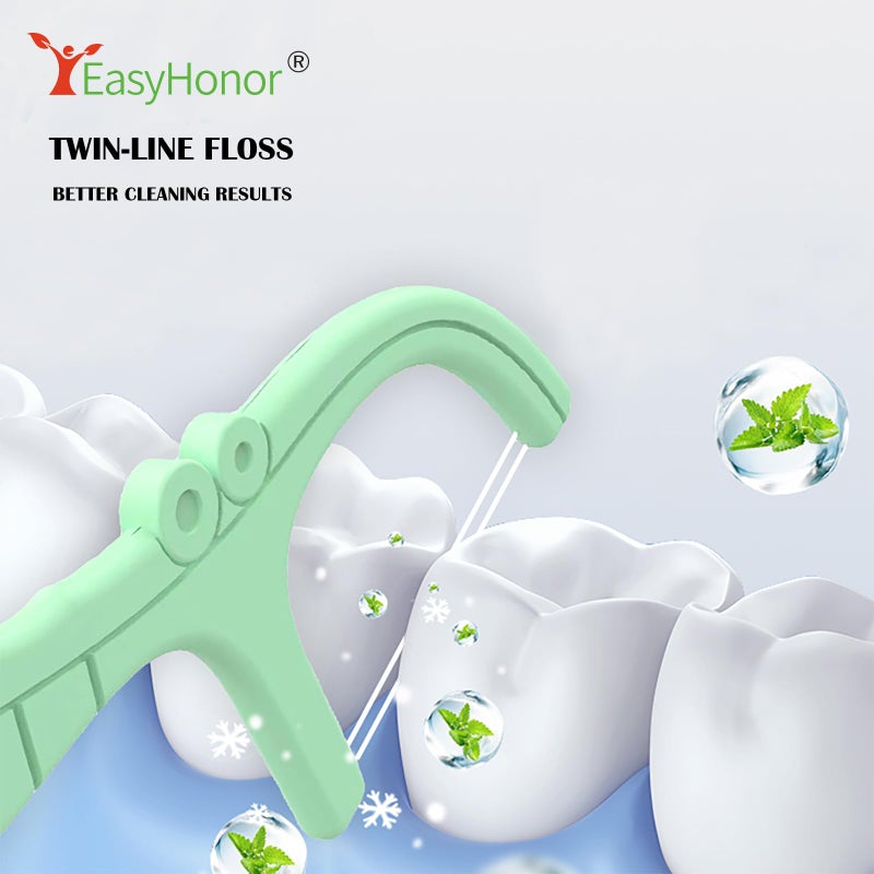 EasyHonor Dental Floss Picks,Twin-Line Mint Flavor Dental Flossers, Dual Action Flossing System, Easy Carry and Pick, 156 Count Floss Sticks in 3 Portable case.(Green, Mint) - Image 5