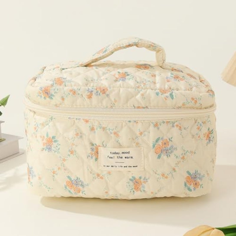 3Pcs Coquette Makeup Bag - Quilted Cosmetic Bag Large Make Up Bag Set Aesthetic Floral Toiletry Bag Cotton Travel Skincare Bag for Women Ladies Girls - Image 2