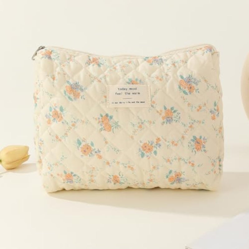 3Pcs Coquette Makeup Bag - Quilted Cosmetic Bag Large Make Up Bag Set Aesthetic Floral Toiletry Bag Cotton Travel Skincare Bag for Women Ladies Girls - Image 3