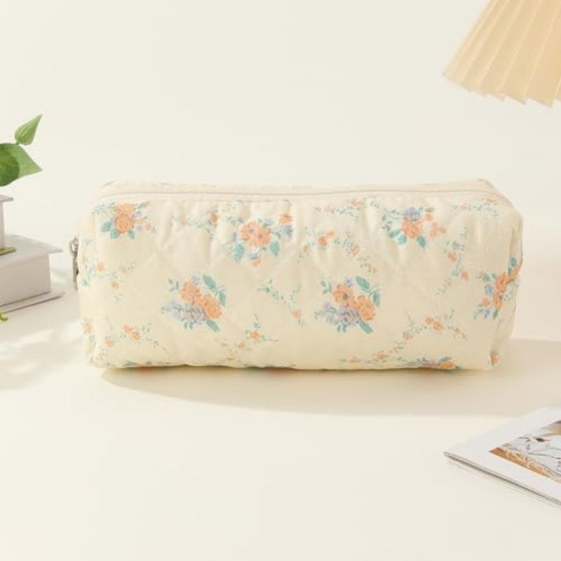 3Pcs Coquette Makeup Bag - Quilted Cosmetic Bag Large Make Up Bag Set Aesthetic Floral Toiletry Bag Cotton Travel Skincare Bag for Women Ladies Girls - Image 4