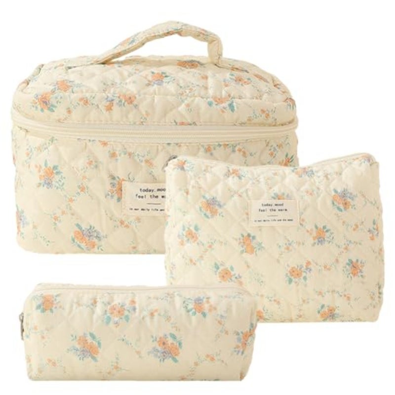 3Pcs Coquette Makeup Bag - Quilted Cosmetic Bag Large Make Up Bag Set Aesthetic Floral Toiletry Bag Cotton Travel Skincare Bag for Women Ladies Girls - Image 1