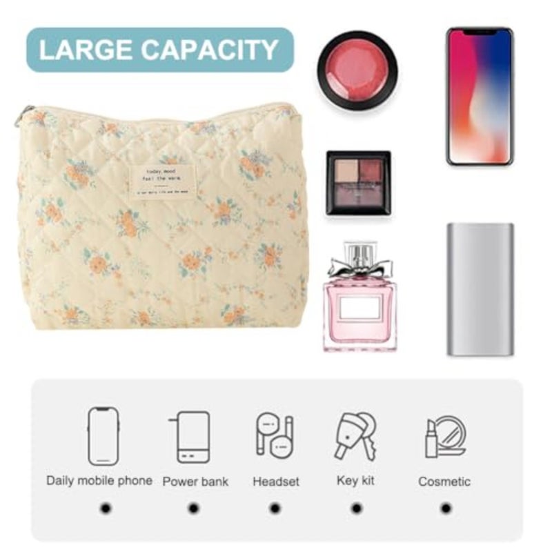 3Pcs Coquette Makeup Bag - Quilted Cosmetic Bag Large Make Up Bag Set Aesthetic Floral Toiletry Bag Cotton Travel Skincare Bag for Women Ladies Girls - Image 5