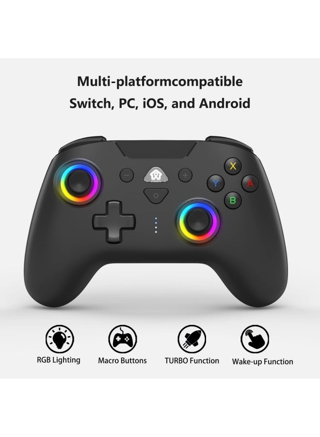 Wireless Switch Controllers for Nintendo Switch, 6-Axis Gyro, Turbo Function, 7-Color RGB Lights, Compatible with Switch1/Switch2/PC (Wired)/iOS, All Functions Included with a Stylish Design and Cute Color - Black - Image 2