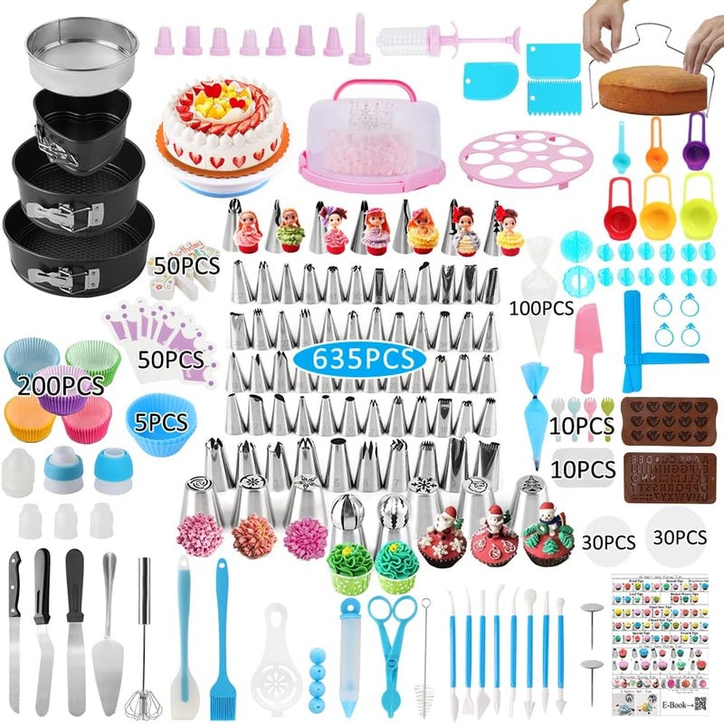 SIK Cake Decorating Kit,635 Pcs Decorating Supplies With 3 Springform Pan Sets Icing Nozzles Rotating Turntable Cake Topper Piping Bags Carrier Holder,Cake Baking Set Tools - Image 1