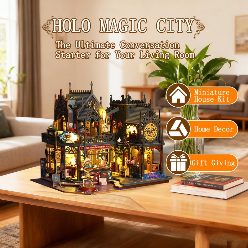 OZJAY Miniature House Kit, Mini House Building Kit with Furniture & LED, Miniature Kit for Adults Teen, Dollhouse Kit for Birthday Christmas, Holo Magic City - Image 2