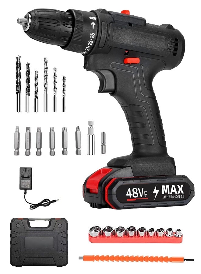 ALongDeng 48V Cordless Drill Set Power Drill Kit with 1 Pcs Battery 25 Position 2 Variable Speed 3/8'' Keyless Chuck Fast Charger and 24 Pcs Accessories with Case - Image 1