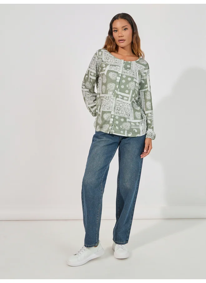 Aria Romance ARIA ROMANCE Patchwork Print Relaxed Fit Top
