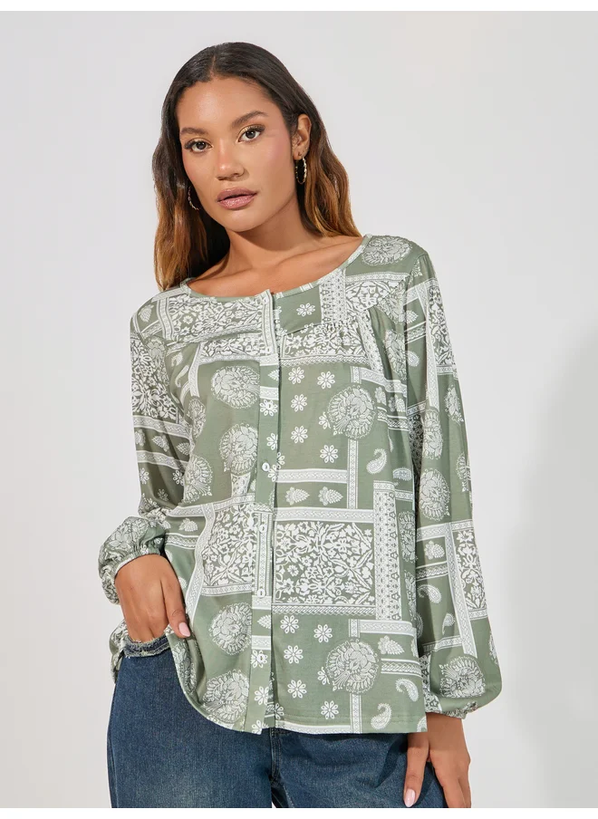 Aria Romance ARIA ROMANCE Patchwork Print Relaxed Fit Top