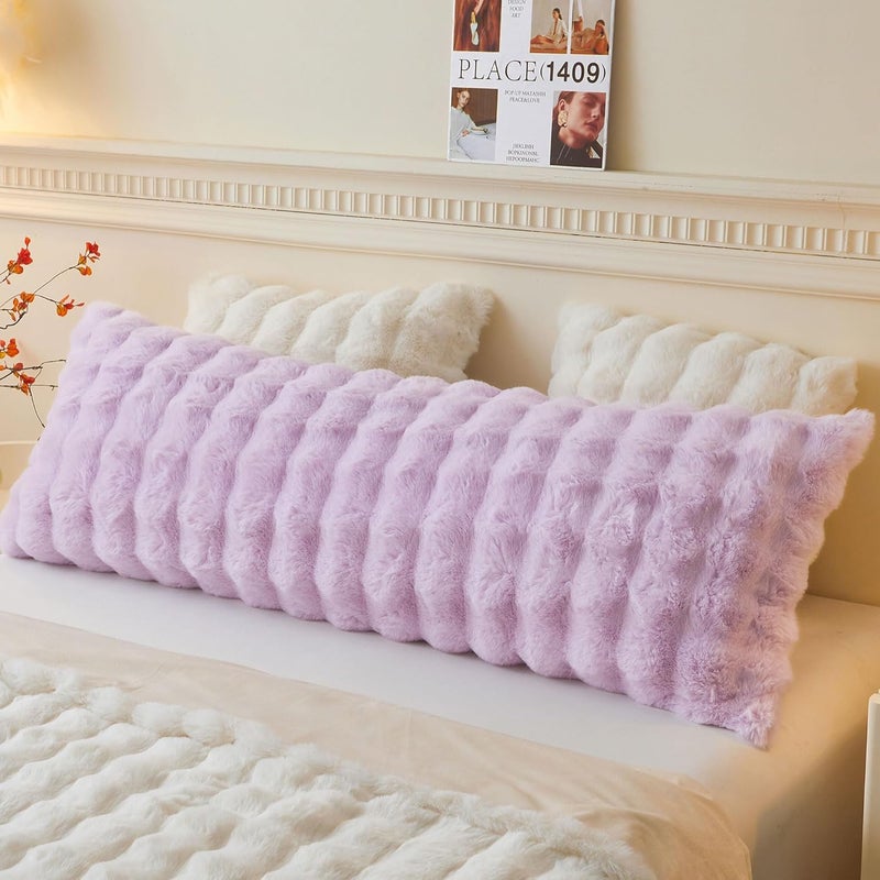 LIFEREVO Fluffy Faux Rabbit Fur Body Pillow Cover, Cozy Light Purple Bubble Shaggy Plush Bed Body Pillowcase with Zipper, Long 20"x54" Fuzzy Furry Pillow Case for Bedroom Home Decoration, Lavender - Image 1