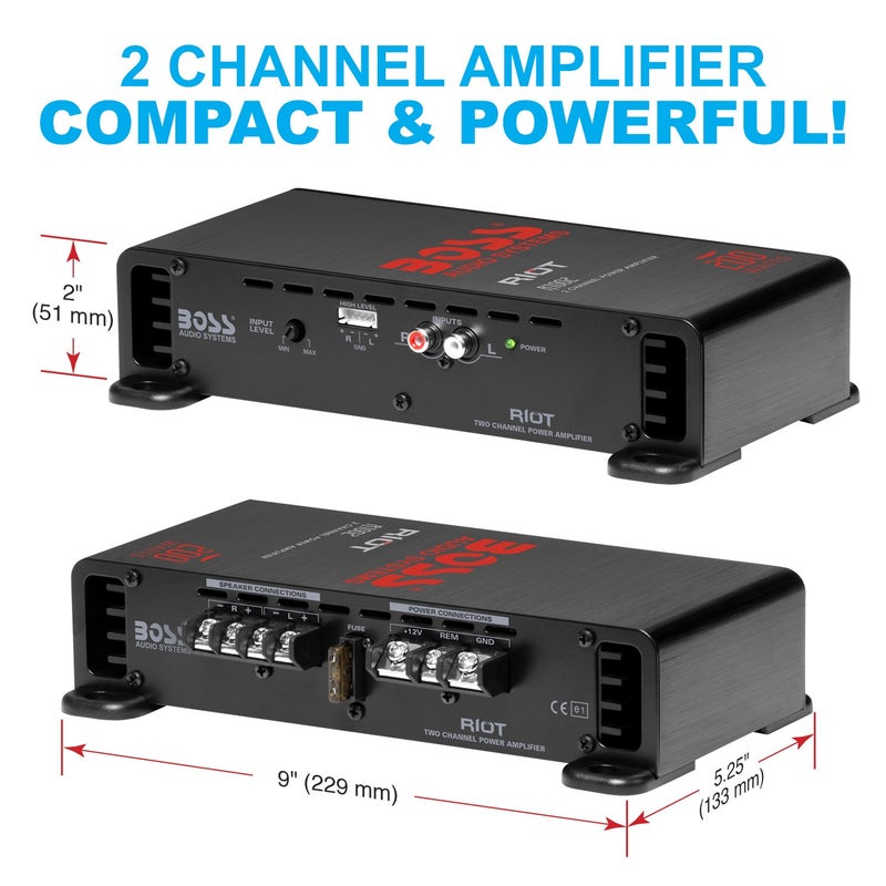 BOSS AUDIO SYSTEMS BOSS Audio Systems R1002 Riot Series Car Stereo Amplifier - 200 High Output, 2 Channel, Class A/B, 2/4 Ohm Stable, Low/High Level Inputs, Full Range, Use With Subwoofer  - Image 2