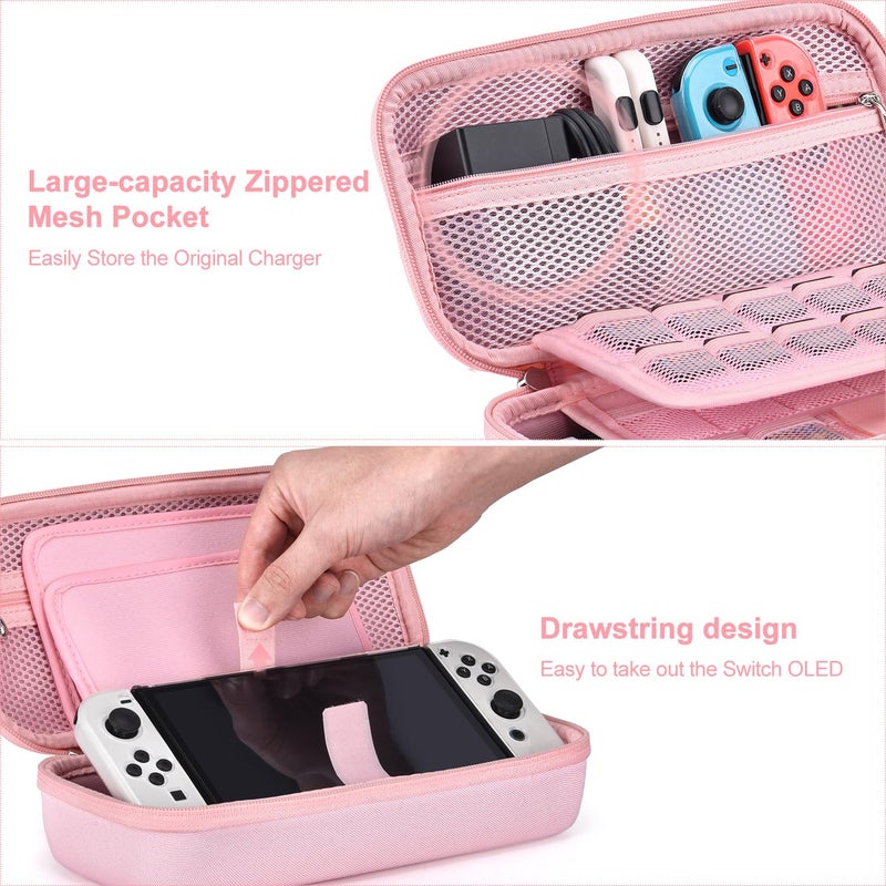 innoAura Switch OLED Case 19-in-1 Bundle for NS Switch OLED (2021), with Carrying Case, Screen Protector, Stand and Thumb Grips, Pink - Image 5
