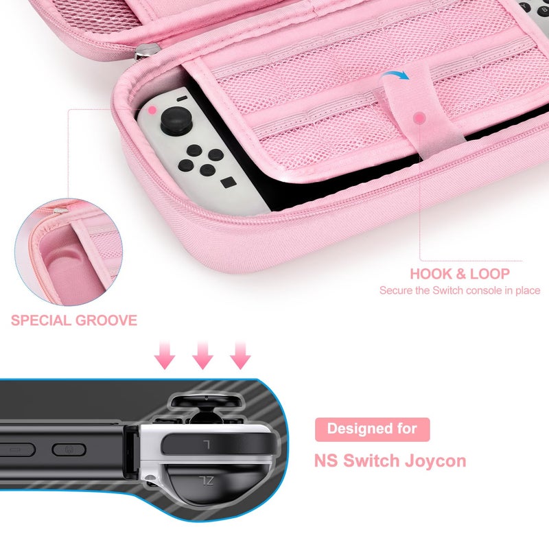 innoAura Switch OLED Case 19-in-1 Bundle for NS Switch OLED (2021), with Carrying Case, Screen Protector, Stand and Thumb Grips, Pink - Image 4