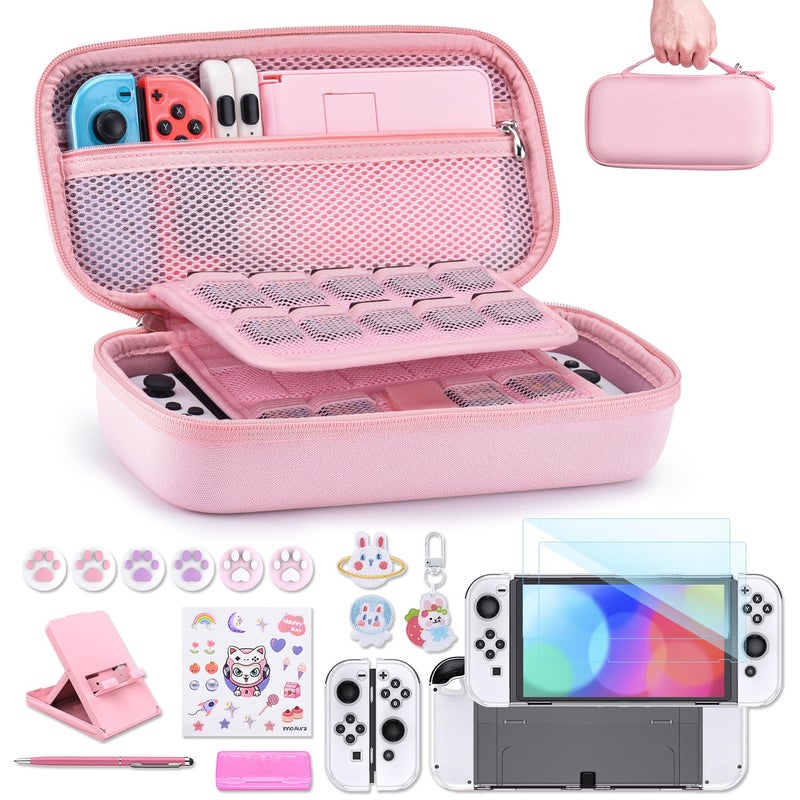 innoAura Switch OLED Case 19-in-1 Bundle for NS Switch OLED (2021), with Carrying Case, Screen Protector, Stand and Thumb Grips, Pink - Image 1