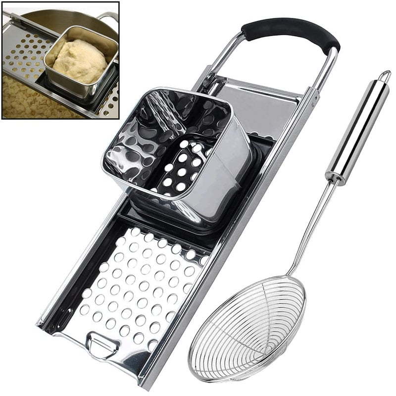 KEISSCO Premium Grade Stainless Steel Spaetzle Maker with Comfort Grip Handle Stainless Steel Spider Strainer Skimmer Spoon Pasta Strainer Homemade German Egg Noodle Dumpling Making Tool Set