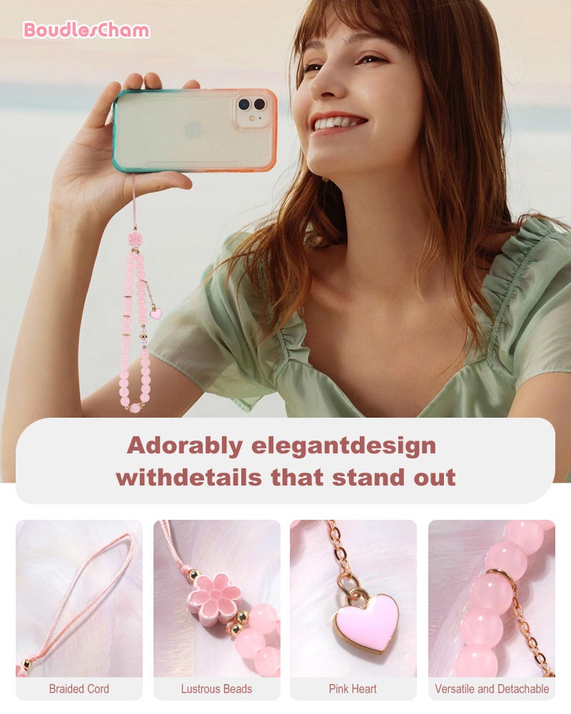 BoudlesCham Phone Charm Cute Pink Pearl Beaded Phone Wrist Strap for Women, Phone Charms Strap for iPhone Charm Strap & Phone Case Charms, Camera Wrist Strap Cute, Gift for Birthdays & Holidays - Image 3