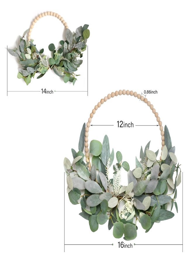 TEMPUS 2Pcs 16" Artificial Eucalyptus Wreaths - Handmade Wooden Bead & Lamb's Ear Spring Wreaths for Front Door, Farmhouse Wall Decor, Holiday Party - Image 4