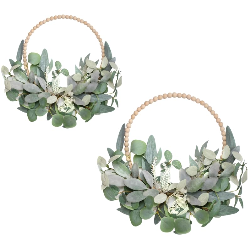 TEMPUS 2Pcs 16" Artificial Eucalyptus Wreaths - Handmade Wooden Bead & Lamb's Ear Spring Wreaths for Front Door, Farmhouse Wall Decor, Holiday Party - Image 1