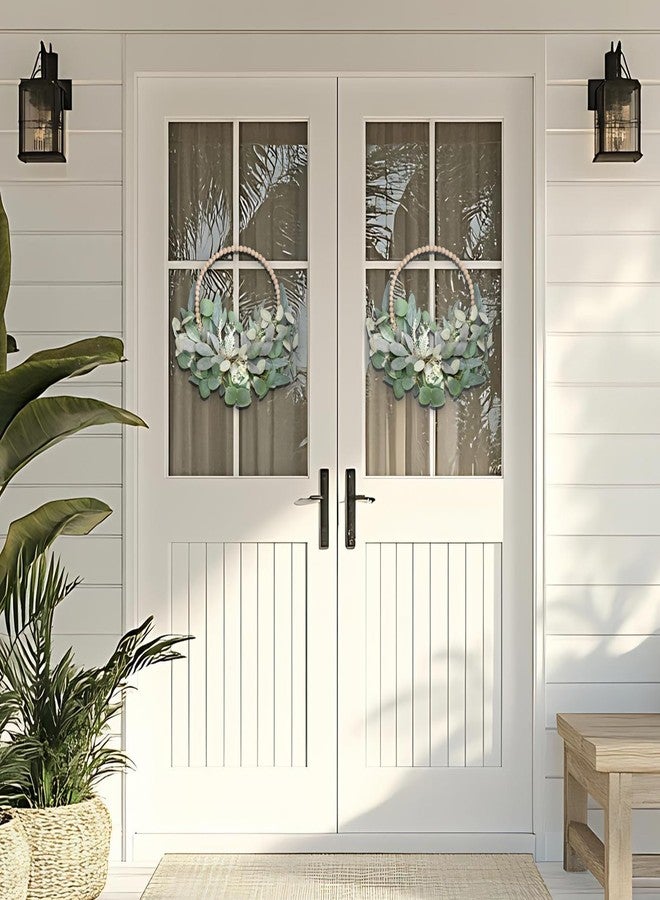 TEMPUS 2Pcs 16" Artificial Eucalyptus Wreaths - Handmade Wooden Bead & Lamb's Ear Spring Wreaths for Front Door, Farmhouse Wall Decor, Holiday Party - Image 5
